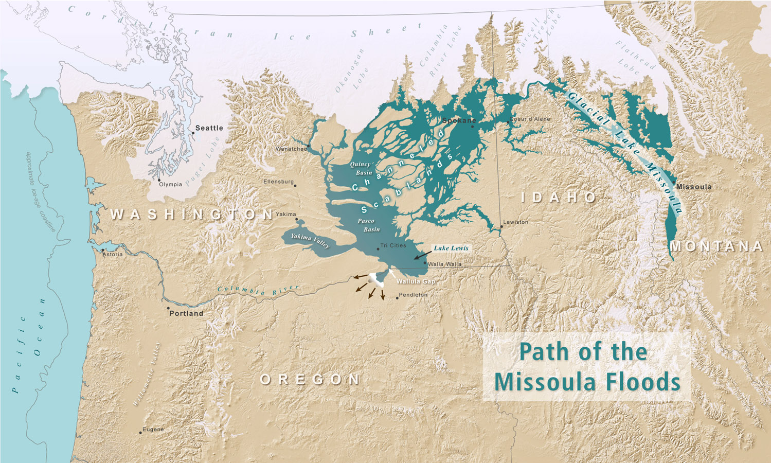 During the Missoula Floods water dammed up behind Wallula Gap, forming Lake Lewis