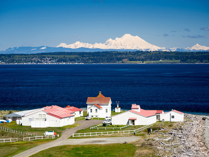 Marrowstone Point and Admiralty Inlet with Mount Baker in the distance