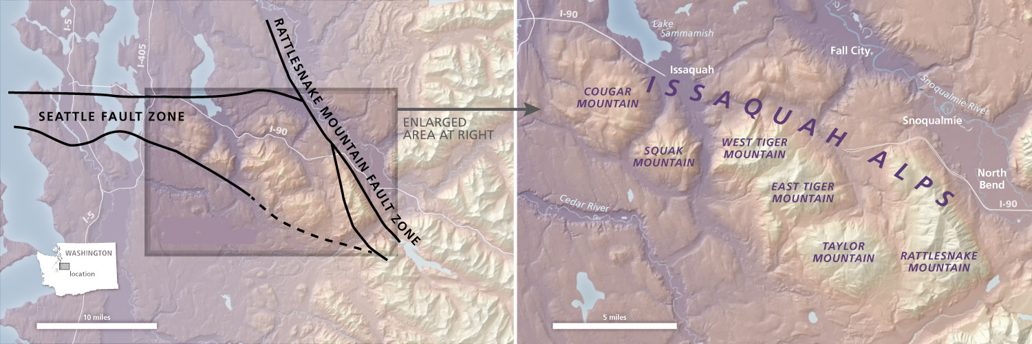 Tiger Mountain (West and East) and the Issaquah Alps are bound by the Seattle fault zone and the Rattlesnake Mountain fault zone