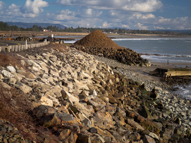 Rock armor protecting State Route 105 from erosion near Washaway Beach